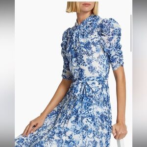 Monique Lhuillier White and Blue Floral Gown pleated maxi Dress